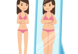 Thin girl looking fat in mirror. Eating disorder illustration body perception and dysmorphia concept.